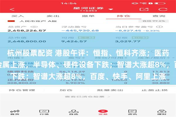 杭州股票配资 港股午评：恒指、恒科齐涨；医药生物、房地产、有色金属上涨，半导体、硬件设备下跌；智谱大涨超8%，百度、快手、阿里上涨